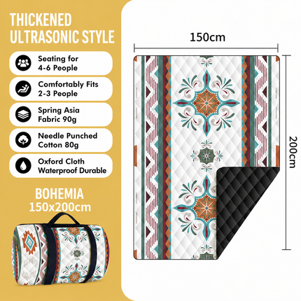 150 x 200 CM Extra Large Thick Waterproof Ultrasonic Picnic Blanket - Bohemian Pattern Outdoor Camping & Beach Mat for 4 to 6 People