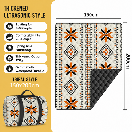 150 x 200 CM Extra Large Thick Waterproof Ultrasonic Picnic Blanket - Diamond Shaped Ethnic Pattern Outdoor Camping & Beach Mat for 4 to 6 People