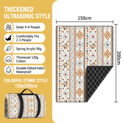 150 x 200 CM Extra Large Thick Waterproof Ultrasonic Picnic Blanket - Colorful Ethnic Pattern Outdoor Camping & Beach Mat for 4 to 6 People