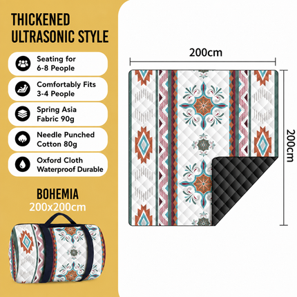 200 x 200 CM Extra Large Thick Waterproof Ultrasonic Picnic Blanket - Bohemian Pattern Outdoor Camping & Beach Mat for 6 to 8 People