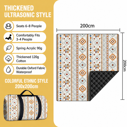 200 x 200 CM Extra Large Thick Waterproof Ultrasonic Picnic Blanket - Colorful Ethnic Pattern Outdoor Camping & Beach Mat for 6 to 8 People