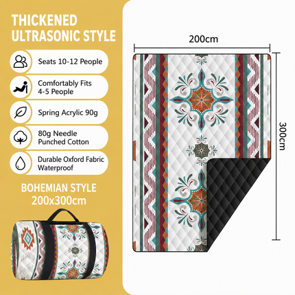 200 x 300 CM Extra Large Thick Waterproof Ultrasonic Picnic Blanket - Bohemian Pattern Outdoor Camping & Beach Mat for 10 to 12 People