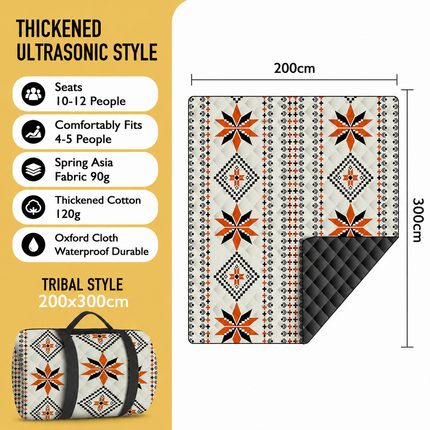 200 x 300 CM Extra Large Thick Waterproof Ultrasonic Picnic Blanket - Diamond Shaped Ethnic Pattern Outdoor Camping & Beach Mat for 10 to 12 People