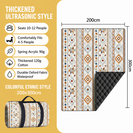 200 x 300 CM Extra Large Thick Waterproof Ultrasonic Picnic Blanket - Colorful Ethnic Pattern Outdoor Camping & Beach Mat for 10 to 12 People