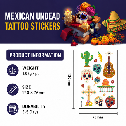 10 Pack Day of the Dead Halloween Temporary Tattoos - Mexican Fiesta Party Body Sticker Props, Style 4