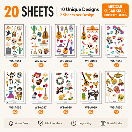 20 Sheets Day of the Dead Halloween Temporary Tattoos - Mexican Fiesta Party Body Sticker Props, 10 Styles x 2 Sheets