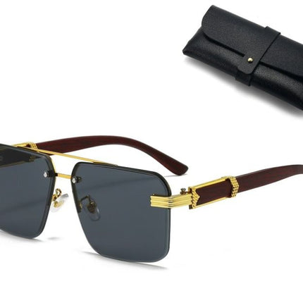 Square Rimless Diamond Cut Sunglasses with Black PU Leather Storage Case - Gold Frame Wood Grain Black Sunscreen Glasses for Men & Women