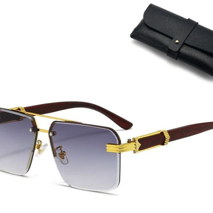 Square Rimless Diamond Cut Sunglasses with Black PU Leather Storage Case - Gold Frame Wood Grain Grey Sunscreen Glasses for Men & Women