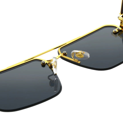 Square Rimless Diamond Cut Sunglasses with Black PU Leather Storage Case - Gold Frame Wood Grain Grey Sunscreen Glasses for Men & Women