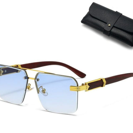 Square Rimless Diamond Cut Sunglasses with Black PU Leather Storage Case - Gold Frame Wood Grain Blue Sunscreen Glasses for Men & Women