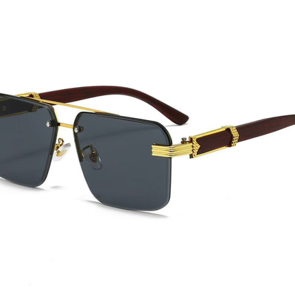 Square Rimless Diamond Cut Sunglasses with Black PU Leather Storage Case - Gold Frame Wood Grain Blue Sunscreen Glasses for Men & Women