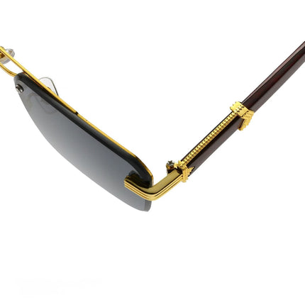 Square Rimless Diamond Cut Sunglasses with Black PU Leather Storage Case - Gold Frame Wood Grain White Sunscreen Glasses for Men & Women
