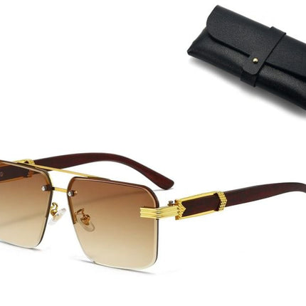 Square Rimless Diamond Cut Sunglasses with Black PU Leather Storage Case - Gold Frame Wood Grain White Sunscreen Glasses for Men & Women