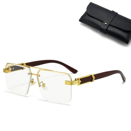 Square Rimless Diamond Cut Sunglasses with Black PU Leather Storage Case - Gold Frame Wood Grain White Sunscreen Glasses for Men & Women