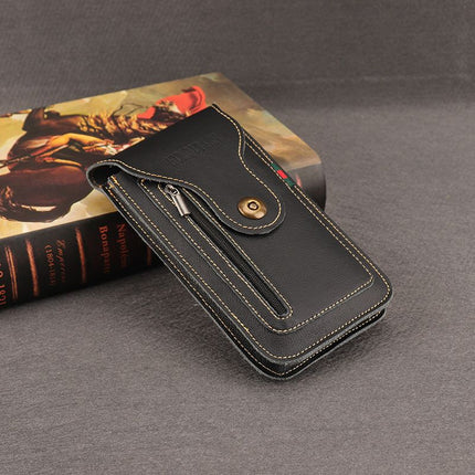 Black Vertical Leather Phone Holster with 3 Pockets and Carabiner Clip - Belt Loop Waist Bag & Outdoor Pouch (Large Size)