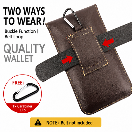 Black Vertical Leather Phone Holster with 3 Pockets and Carabiner Clip - Belt Loop Waist Bag & Outdoor Pouch (Large Size)