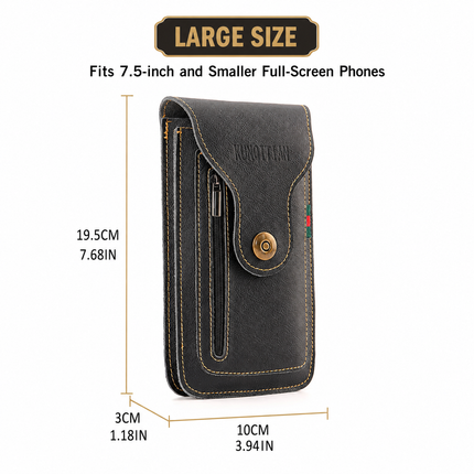 Black Vertical Leather Phone Holster with 3 Pockets and Carabiner Clip - Belt Loop Waist Bag & Outdoor Pouch (Large Size)