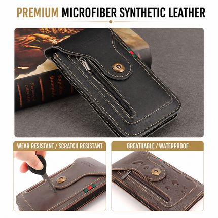 Brown Vertical Leather Phone Holster with 3 Pockets and Carabiner Clip - Belt Loop Waist Bag & Outdoor Pouch (Large Size)