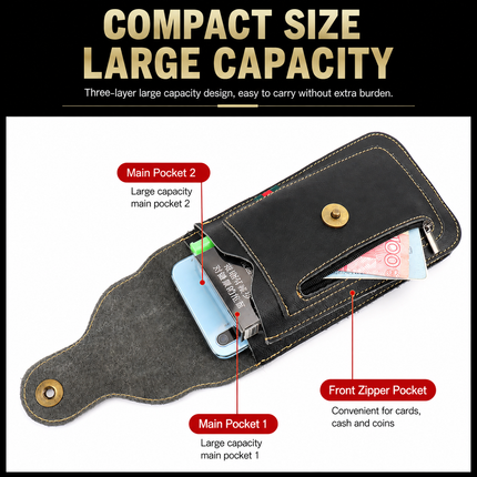 Brown Vertical Leather Phone Holster with 3 Pockets and Carabiner Clip - Belt Loop Waist Bag & Outdoor Pouch (Large Size)