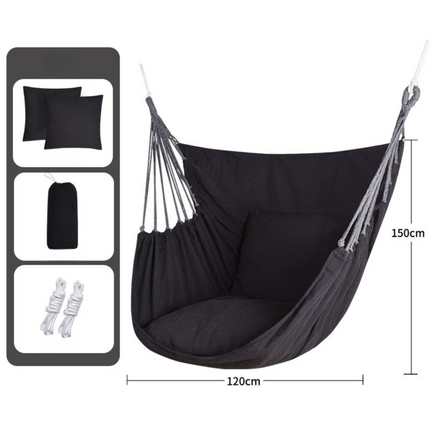 Black Oversized Hanging Swing Chair Canvas Hammock + 2 Pack 45 x 45CM Pillows Set (120 x 150 CM) - Portable Indoor & Outdoor Thickened Leisure Hammock Chair with Binding Ropes and Storage Bag