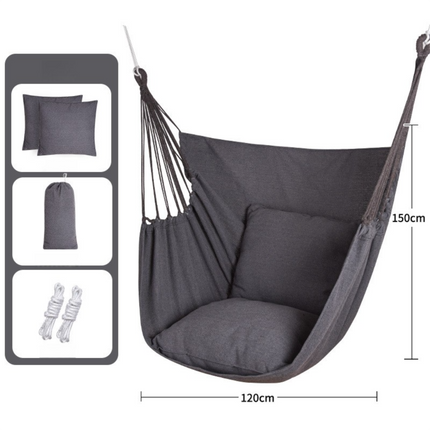 Grey Oversized Hanging Swing Chair Canvas Hammock + 2 Pack 45 x 45CM Pillows Set (120 x 150 CM) - Portable Indoor & Outdoor Thickened Leisure Hammock Chair with Binding Ropes and Storage Bag