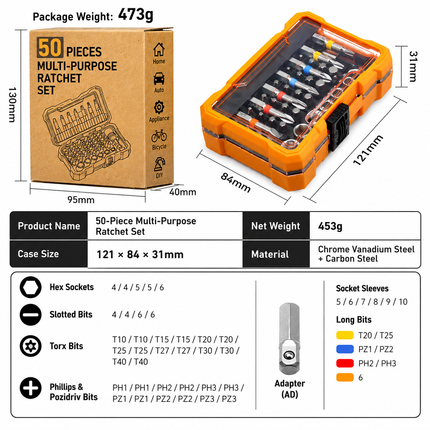 50-Piece Precision Screwdriver & Bit Set - Multi Purpose Rainbow Magic Box Household Tool Kit with Dedicated Storage Box