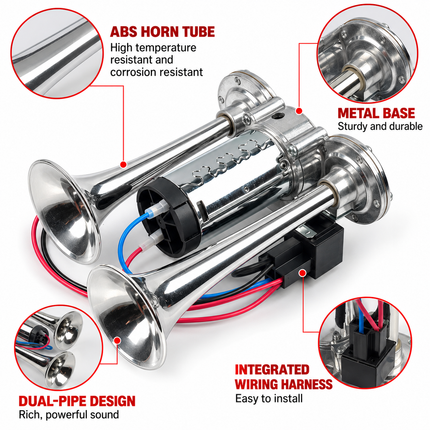 Super Loud Dual-Trumpet Integrated Air Horn with Compressor & Mounting Hardware for Truck Car Trains Lorrys (24V Silver)