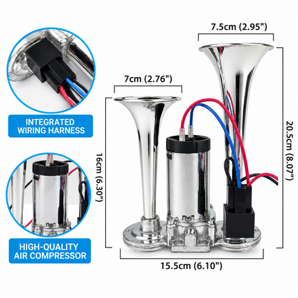 Super Loud Dual-Trumpet Integrated Air Horn with Compressor & Mounting Hardware for Truck Car Trains Lorrys (24V Silver)