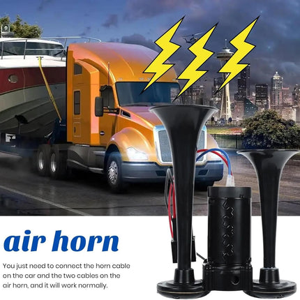 Super Loud Dual-Trumpet Integrated Air Horn with Compressor & Mounting Hardware for Truck Car Trains Lorrys (12V Black)