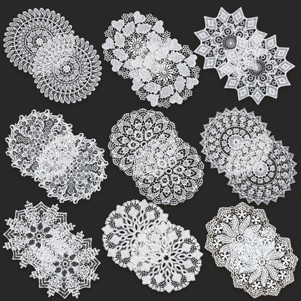 18-Piece White 5.5 Inch Geometric Embroidered Lace Coaster Set - Elegant Round Dining & Tea Table Mat Doily, 2 Pieces of 9 Styles