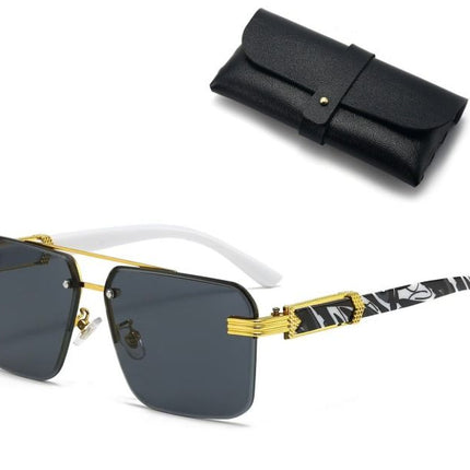 Square Rimless Diamond Cut Sunglasses with Black PU Leather Storage Case - Gold Frame Marble Black Sunscreen Glasses for Men & Women