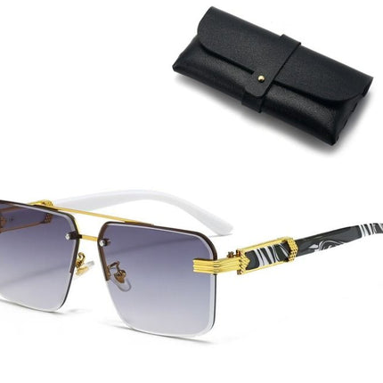 Square Rimless Diamond Cut Sunglasses with Black PU Leather Storage Case - Gold Frame Marble Grey Sunscreen Glasses for Men & Women