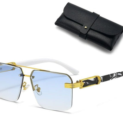 Square Rimless Diamond Cut Sunglasses with Black PU Leather Storage Case - Gold Frame Marble Blue Sunscreen Glasses for Men & Women