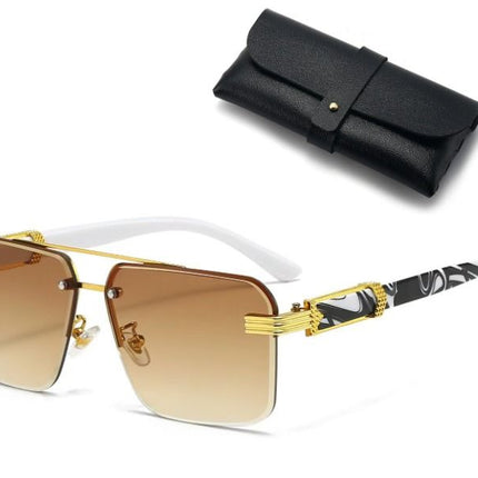 Square Rimless Diamond Cut Sunglasses with Black PU Leather Storage Case - Gold Frame Marble Tea Sunscreen Glasses for Men & Women