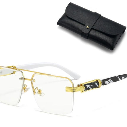 Square Rimless Diamond Cut Sunglasses with Black PU Leather Storage Case - Gold Frame Marble White Sunscreen Glasses for Men & Women