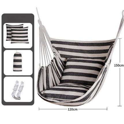 Black White Stripes Oversized Hanging Swing Chair Canvas Hammock + 2 Pack 45 x 45CM Pillows Set (120 x 150 CM) - Portable Indoor & Outdoor Thickened Leisure Hammock Chair with Binding Ropes and Storage Bag