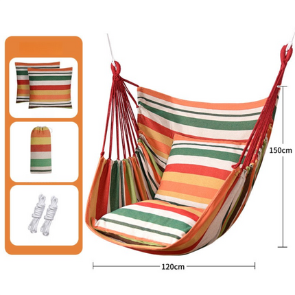 Orange Stripes Oversized Hanging Swing Chair Canvas Hammock + 2 Pack 45 x 45CM Pillows Set (120 x 150 CM) - Portable Indoor & Outdoor Thickened Leisure Hammock Chair with Binding Ropes and Storage Bag