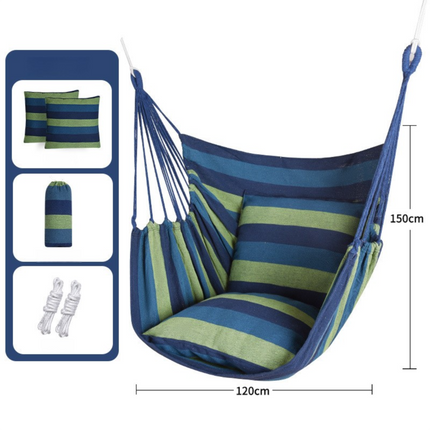 Blue Green Stripes Oversized Hanging Swing Chair Canvas Hammock + 2 Pack 45 x 45CM Pillows Set (120 x 150 CM) - Portable Indoor & Outdoor Thickened Leisure Hammock Chair with Binding Ropes and Storage Bag