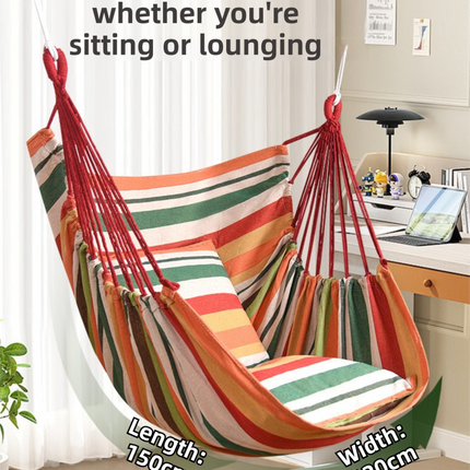 Blue Green Stripes Oversized Hanging Swing Chair Canvas Hammock + 2 Pack 45 x 45CM Pillows Set (120 x 150 CM) - Portable Indoor & Outdoor Thickened Leisure Hammock Chair with Binding Ropes and Storage Bag