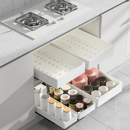 3 Pieces Black Extended Pull Out Cabinet Organizer Set (Small + Medium + Large Tray) - Slide Out Drawer Shelves & Base Cabinet Storage Trays for Kitchen Spices, Bowls, and Cookware