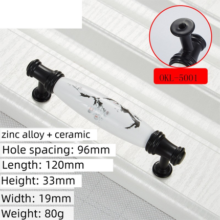 2 Pack Ceramic & Matte Black Zinc Alloy Cabinet Handle (Hole Spacing 96MM) - Vintage Ink Plum Blossom Style for Drawers and Cupboards, OKL-5001