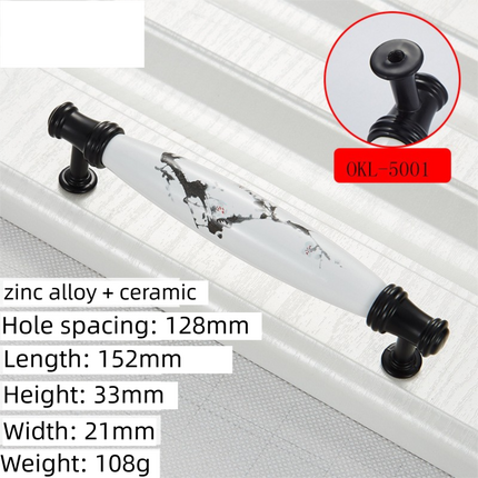 2 Pack Ceramic & Matte Black Zinc Alloy Cabinet Handle (Hole Spacing 128MM) - Vintage Ink Plum Blossom Style for Drawers and Cupboards, OKL-5001