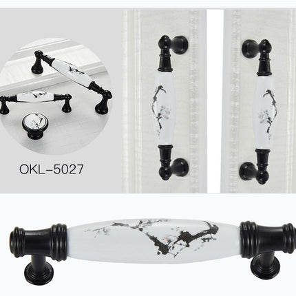 2 Pack Ceramic & Matte Black Zinc Alloy Cabinet Handle (Hole Spacing 96MM) - Vintage Ink Plum Blossom Style for Drawers and Cupboards, OKL-5005