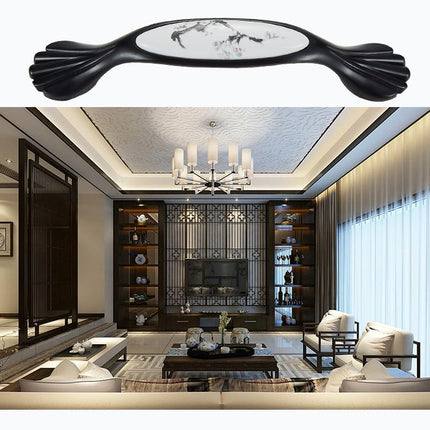 2 Pack Ceramic & Matte Black Zinc Alloy Cabinet Handle (Hole Spacing 96MM) - Vintage Ink Plum Blossom Style for Drawers and Cupboards, OKL-5005