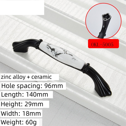 2 Pack Ceramic & Matte Black Zinc Alloy Cabinet Handle (Hole Spacing 128MM) - Vintage Ink Plum Blossom Style for Drawers and Cupboards, OKL-5005