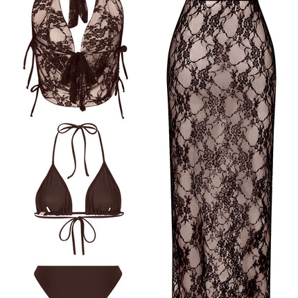 4 Piece Women's Sexy Lace Bikini Swimsuit Set, Coffee M Size - High Elasticity Triangle String Bikini Top & Bottom, Sheer Lace Cover-Up Top and Maxi Skirt