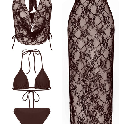 4 Piece Women's Sexy Lace Bikini Swimsuit Set, Coffee XL Size - High Elasticity Triangle String Bikini Top & Bottom, Sheer Lace Cover-Up Top and Maxi Skirt