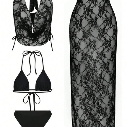 4 Piece Women's Sexy Lace Bikini Swimsuit Set, Black S Size - High Elasticity Triangle String Bikini Top & Bottom, Sheer Lace Cover-Up Top and Maxi Skirt