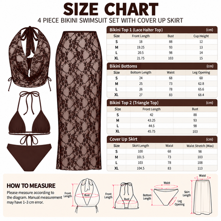 4 Piece Women's Sexy Lace Bikini Swimsuit Set, Black S Size - High Elasticity Triangle String Bikini Top & Bottom, Sheer Lace Cover-Up Top and Maxi Skirt