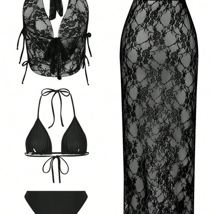 4 Piece Women's Sexy Lace Bikini Swimsuit Set, Black L Size - High Elasticity Triangle String Bikini Top & Bottom, Sheer Lace Cover-Up Top and Maxi Skirt